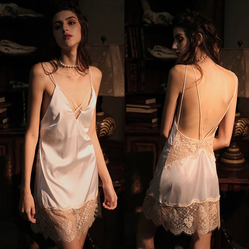 Summer New Satin Nightgown Lace Patchwork Sleepwear Women Spaghetti Strap Nightdress Intimate Lingerie Sexy Bathrobe Nightwear