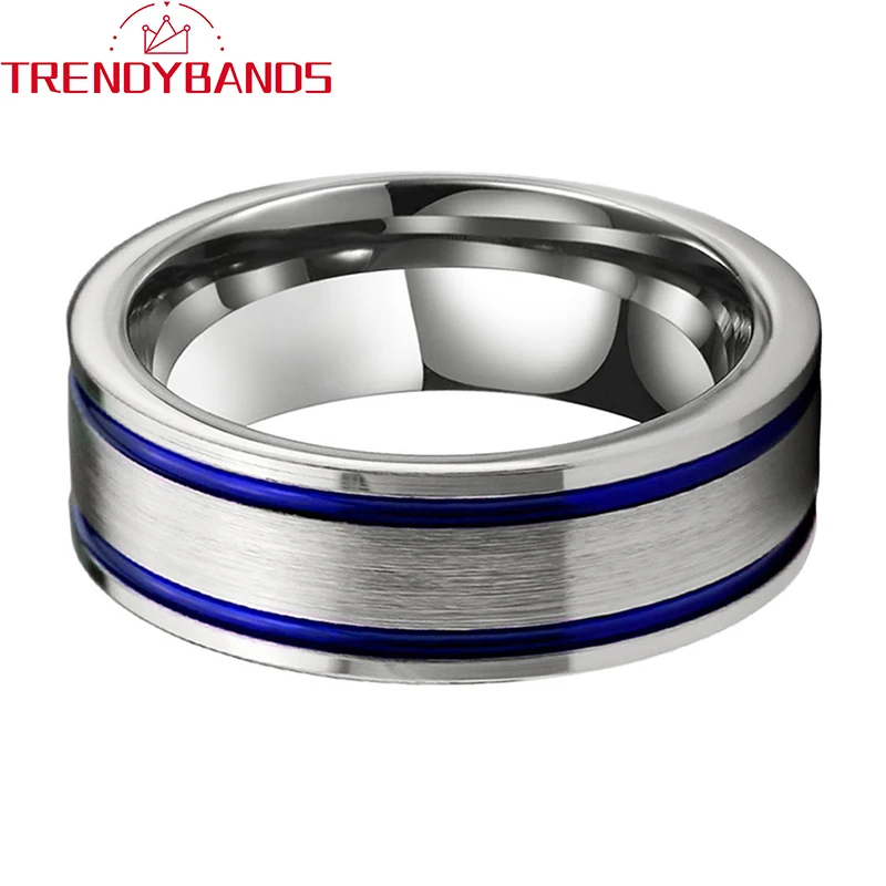 8mm Blue Men's Women's Tungsten Rings Engagement Wedding Band Two Grooved Brushed Finish Pipe Cut Comfort Fit