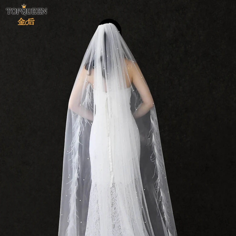 Topqueen V23 Parels Wedding Veil High-End Bridal Veils Met 3D Veren Elegante Bruid Sluier Met Kam 2021 Bruiloft accessoires