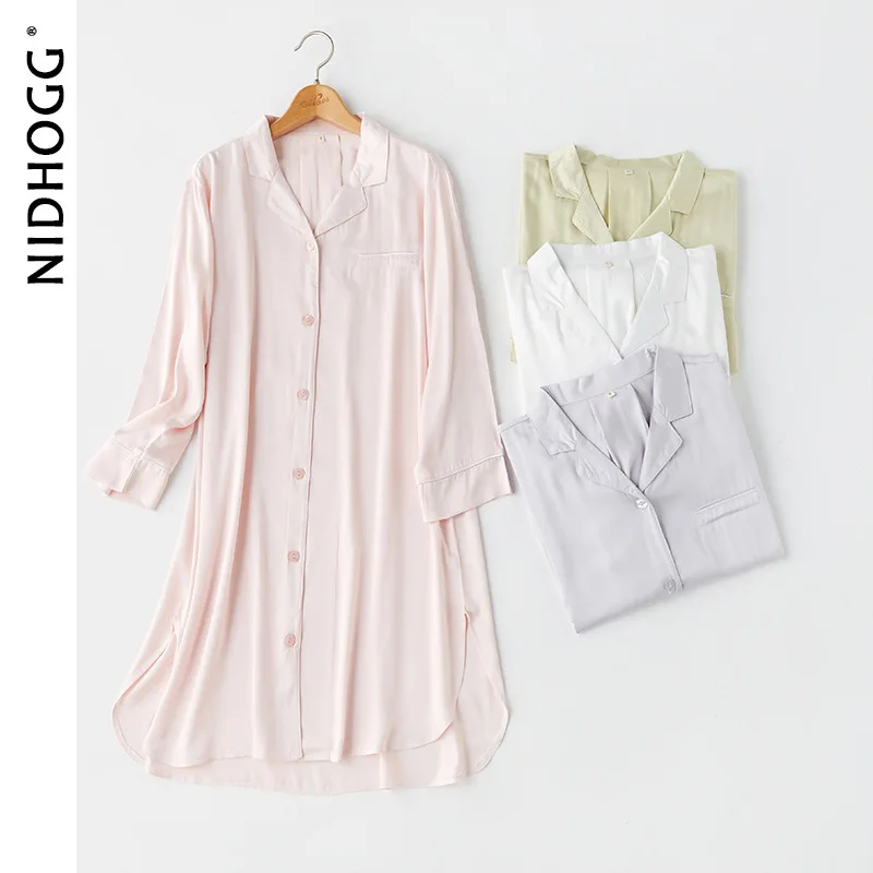 2020 Summer Autumn Nightgowns for Women Long-sleeved Satin Sleepwear Pocket Sleep Dress Solid Viscose Sleep Tops Home Night Wear