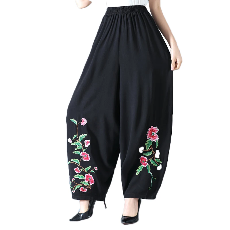 

Women's Pants Spring Summer Retro Fashion Cotton Linen Wide Leg Pants Large Size Loose Embroidered Dance Pants Harem Pants K470