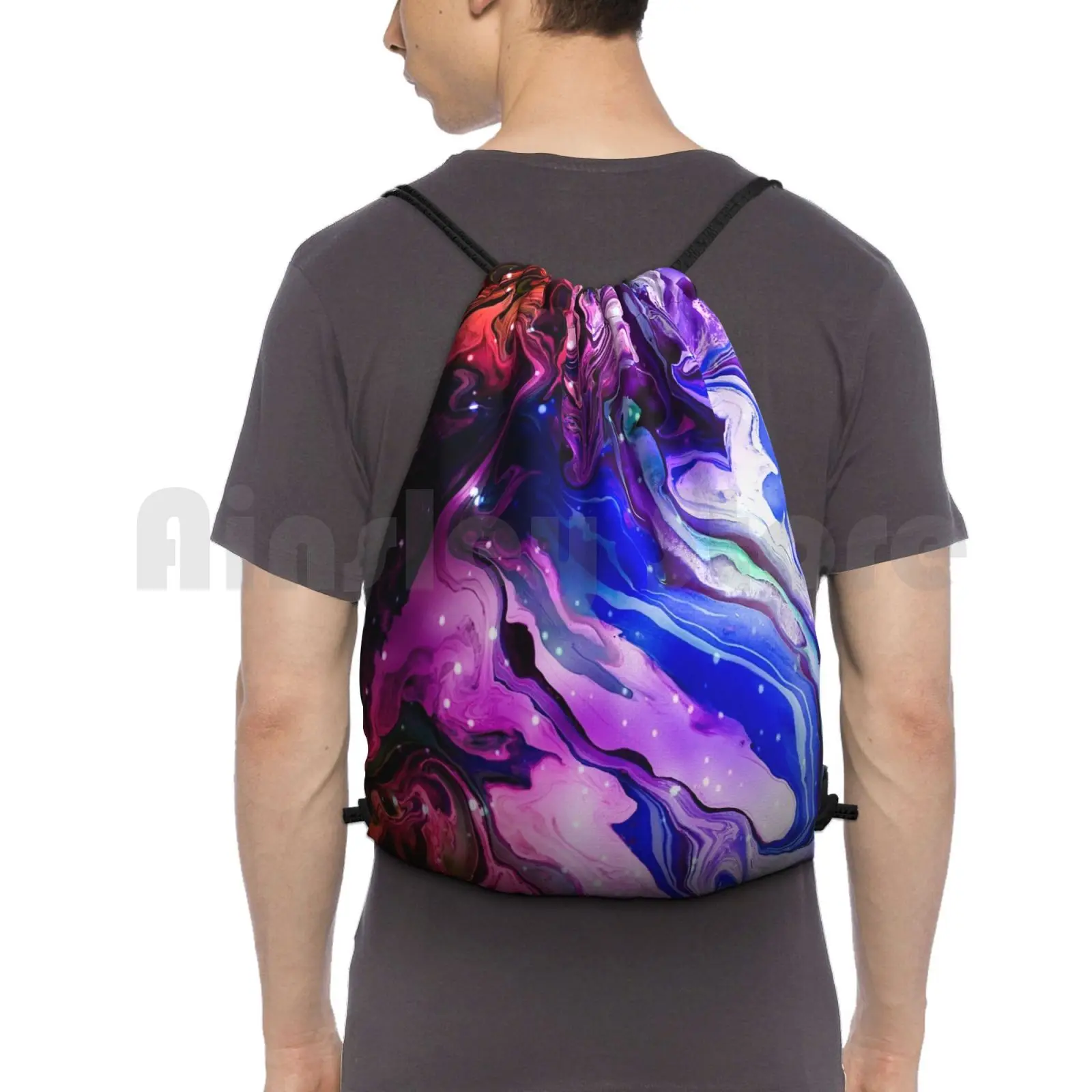 Cool Blue Backpack Drawstring Bag Riding Climbing Gym Bag Cosmo Astrology Exotic Colors Abstract Paint Pouring Liquid Stars