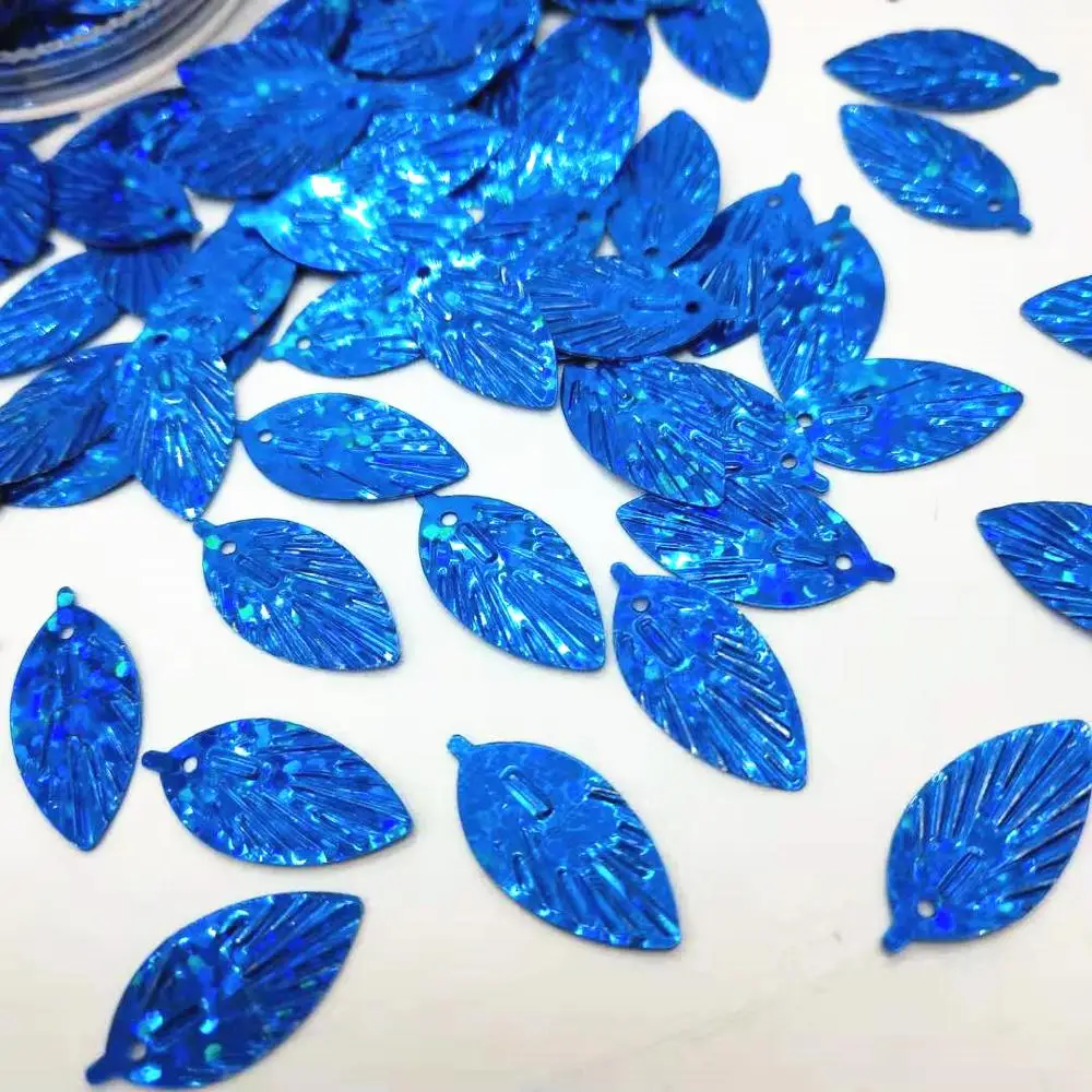 50g/lot Laser Blue Leaf Sequins 9*18mm PVC Flat Paillette Hologram Sewing Cute Small Dark Blue Leaves