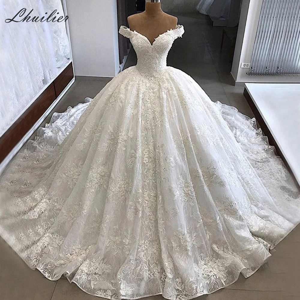 Lhuilier Customized Ball Gown Lace Wedding Dresses Floor Length Off the Shoulder Corset Back Beaded Bridal Dress