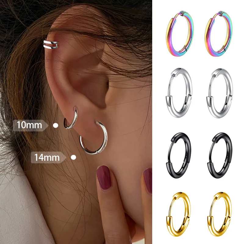 Unisex Hoop Earrings Silver Color Colorful Black Rose Gold Color Round Earrings for Women Men Stainless Steel Punk Hoops Earring