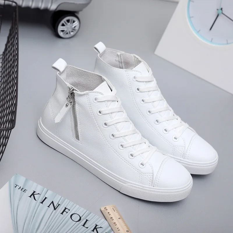 Pu Leather Sneakers Men Spring High Top Sneakers White Shoes 2020 Side Zipper Male Fashion Ankle Shoes Sneakers Flats