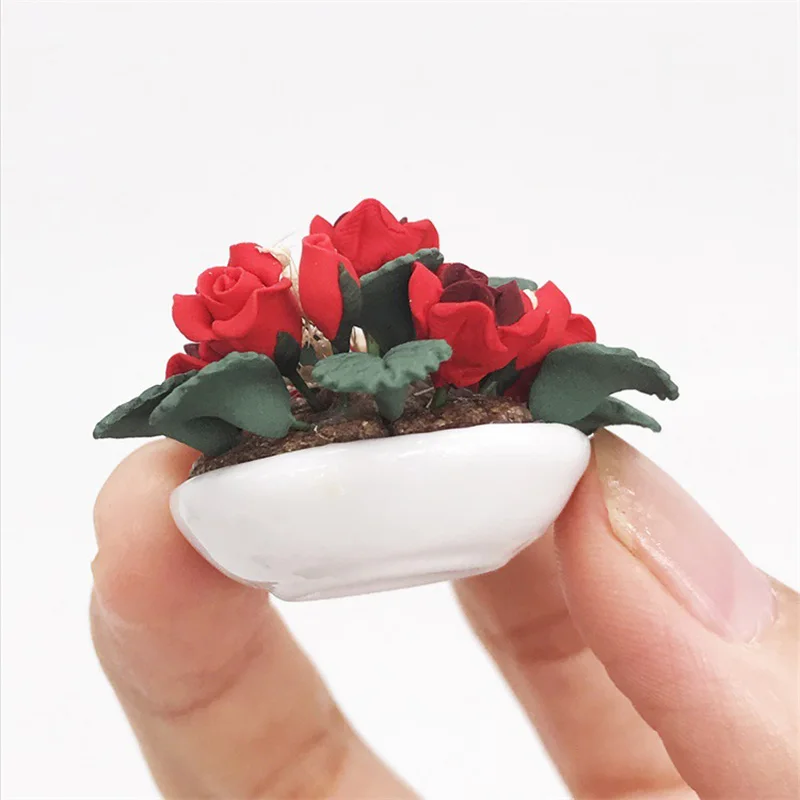 1/12 Dollhouse Miniature Accessories Mini Rose Potted Plant Simulation Flower Model for Doll House Decoration ob11