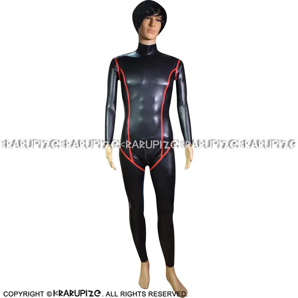 Black And Red Stripes At Top Sexy Latex Catsuit With Zipper Front Crotch To Back Neck Rubber Body Suit Bodysuit Zentai LTY-0223