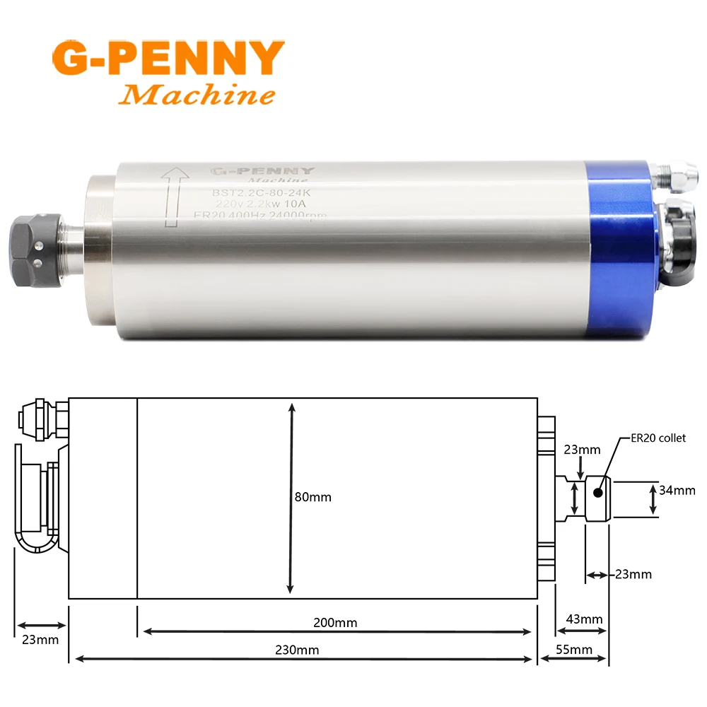 G-Penny 2.2kw ER20 Water Cooled Spindle motor 4pcs bearings & 2.2kw Motor Speed Controller & bracket & water pump & collet