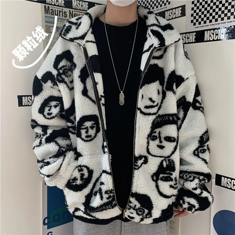 Korean Winter New Harajuku Lazy BF Style Coat Cute Cartoons Printing Full Sleeve Jacket Lambswool Keep Warm Zipper Outerwear