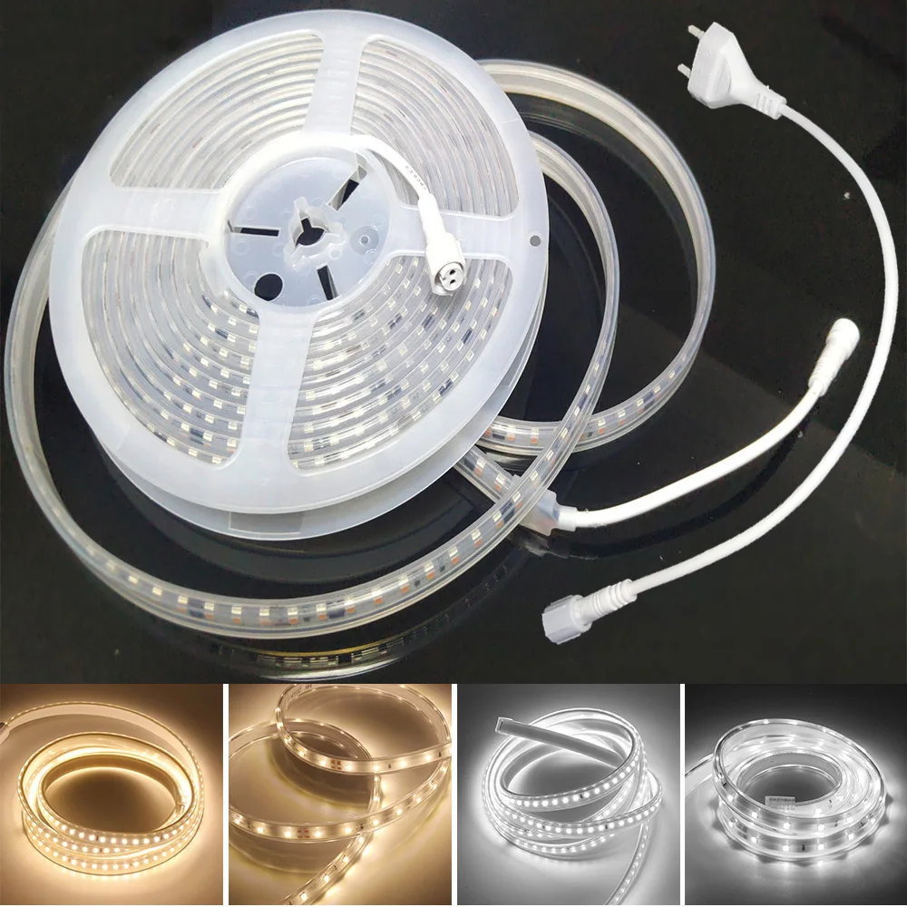 สูง CRI Ra 95 + AC220V ยืดหยุ่น LED Strip Light SMD2835 120LEDs/M กันน้ำ IP65 Warm White และ daylight สีขาวสำหรับ Home Garden