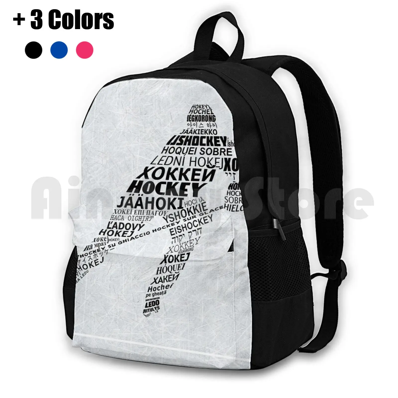 Typographic Hockey Player Languages Outdoor Hiking Backpack Riding Climbing Sports Bag Wordle Typographic Hockey Languages