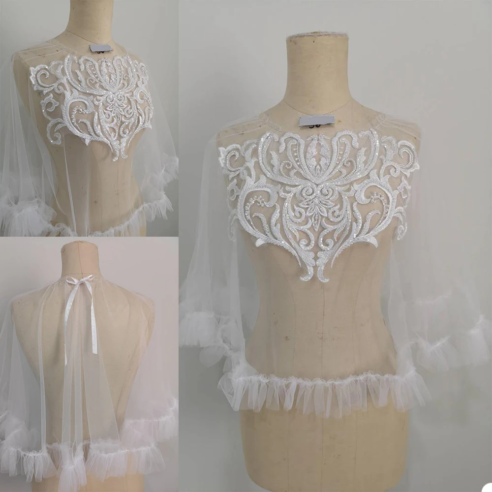 

2020 Fashion Wedding Jacket Beads Appliques Lace White Ivory See Through Bridal Bolero Jackets Long Sleeves Top Wedding Wrap