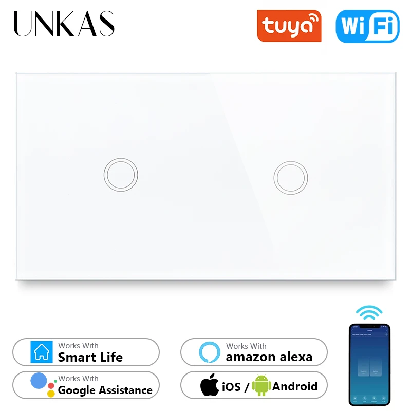 UNKAS 2 Gang Wifi EU Standard Touch Smart Switch White Crystal Glass 157mm Panel Home Improvement Work Tuya