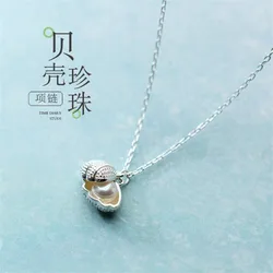 New Fashion Creative Shell 925 Sterling Silver Jewelry Temperament Pearl Full Of Crystal Clavicle Chain Pendant Necklaces XL051