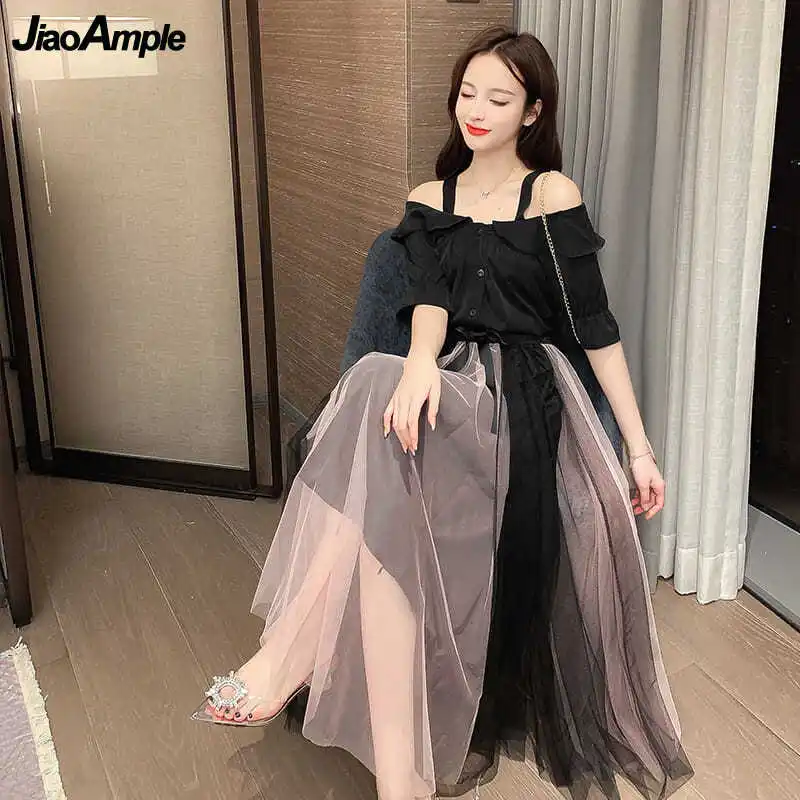 Women Summer Clothing Suit Fashion Slash Neck Black Shirt Skirts Set Korean Sweet Girls Flare Sleeve Layers Mesh Bow-Knot Dress