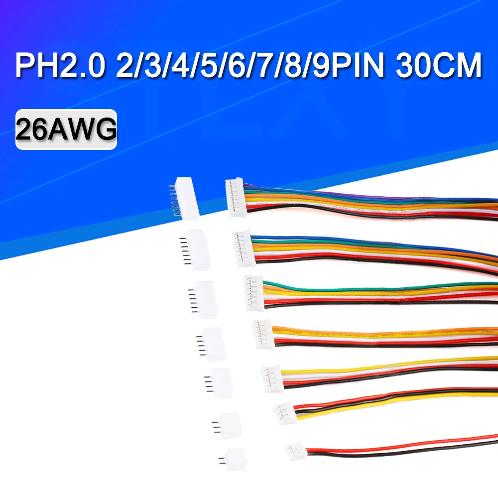 10PCS=5Sets Mini Micro JST 2.0 PH Male Female Connector 2/3/4/5/6/7/8/9/10-Pin Plug With terminal Wires Cables Socket 30CM 26AWG