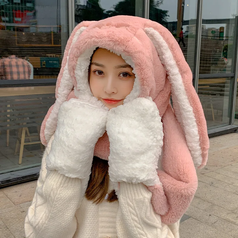 Kawaii Funny Rabbit Hat Long Ears Cute Cartoon Skullies Beanies Women Autumn Winter Warm 3 In 1 Gloves Scarf Hat Birthday Gift