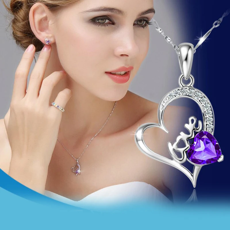 KOFSAC 2020 Hot 925 Silver Necklaces For Women Jewelry Romantic Heart Zircon Purple Pendant Necklace Lady Valentine's Day Gifts