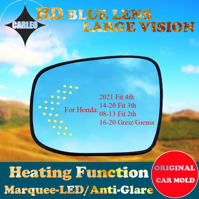 

1 Pair Car Side View Mirror Lens for Honda Fit 08-21 Greiz/Gienia Blue Glass Large view With Heating Blind Spot Warn Marquee LED