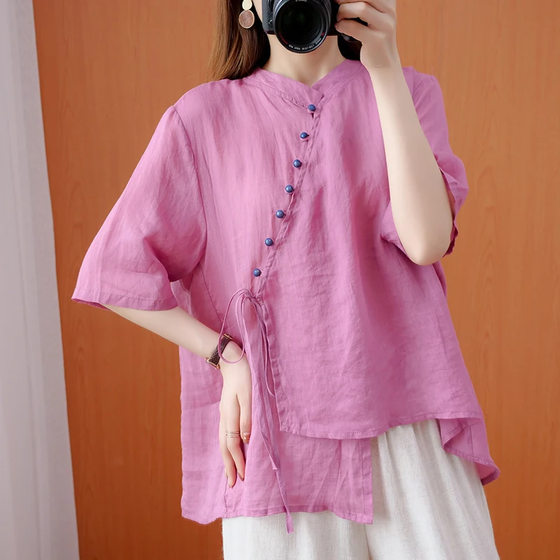 Summer retro standing collar female shirts color buttons irregular top chinese style blouse