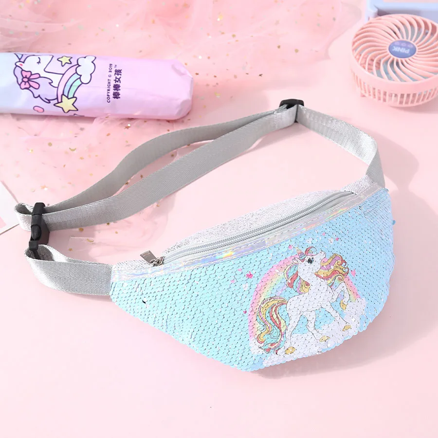 Hot Sale Cartoon Unicorn Sequin Girls Waist Bag Kids Fanny Pack Children Sequins Printing Chest Bag Outdoor Travel Pouch