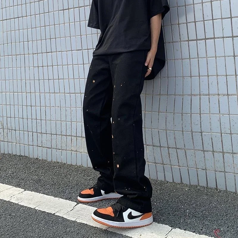 ICCLEK Spring and Autumn High Street Jeans Splashed Ink Jeans Men's Straight Pants Loose Casual Pants Men Fashion  Punk Pants
