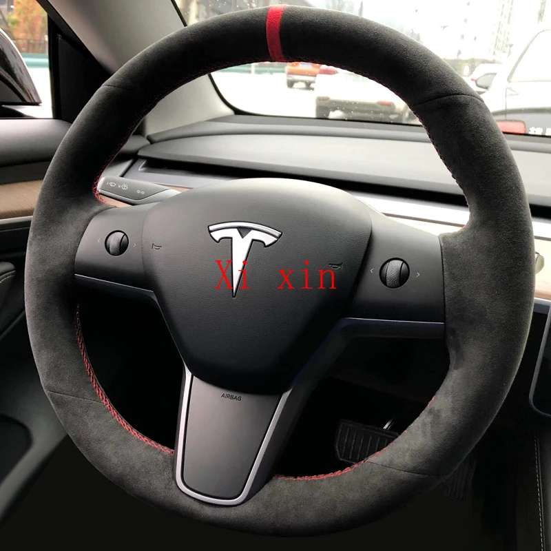 For Tesla Model 3/Y 2021 Model S/X DIY custom black suede hand stitched steering wheel cover car interior decoration