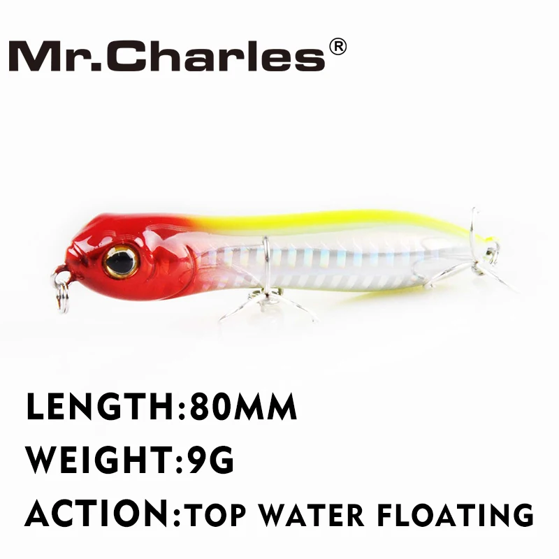 Mr.Charles CMC025A Fishing Lures 80mm 9g Top Water Floating Popper Fishing Lure 3D Eyes Quality Professional Fishing Tackle