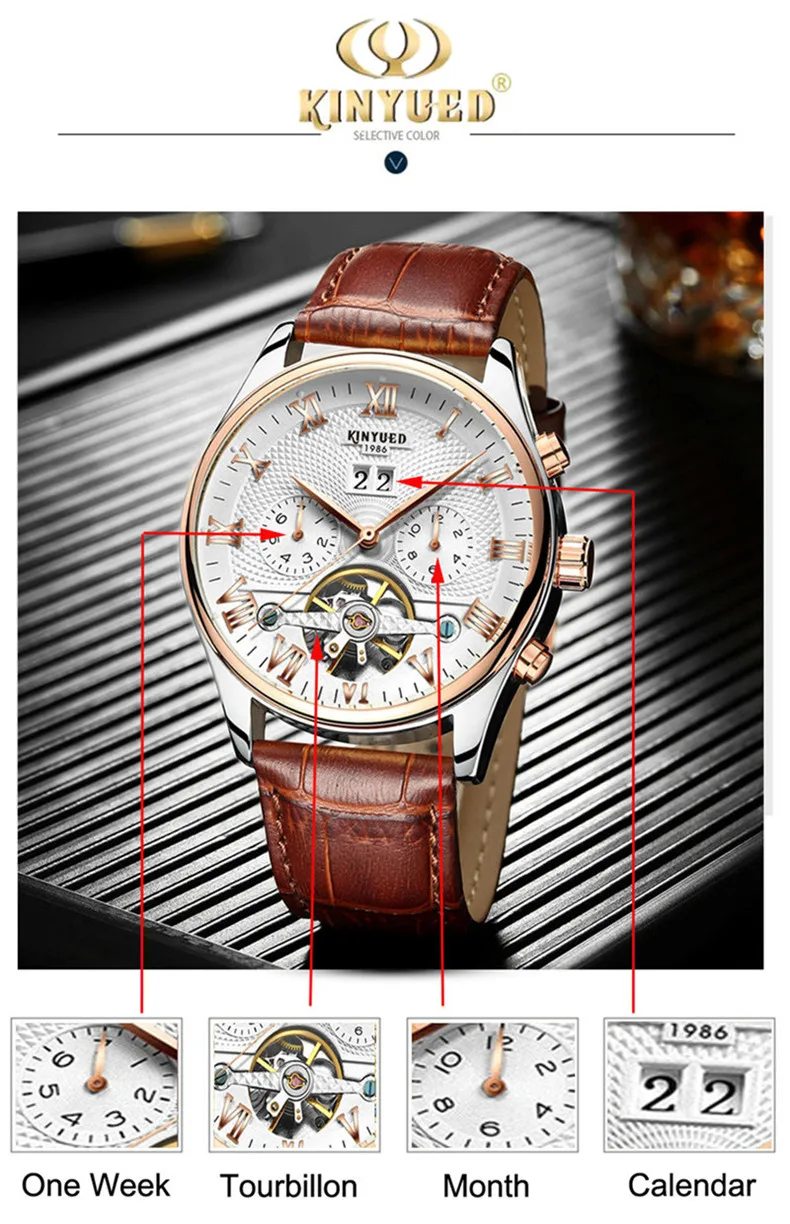 KINYUED Tourbillon Männer Uhren Mode-Business Automatische Mechanische Uhr Männer Casual Leder Wasserdichte Uhr Relogio Masculino – Detail 3