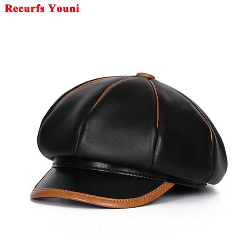 Japanese Korean Fashion Women Winter Hats Female Retro 100% Leather Patchwork Beret Chic Wild Painter Caps Octagonal Casquette