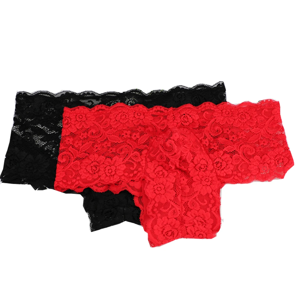 Men Sexy Underwear Lace Flower Small Boxer Shorts Underpants Red Black ZJH1005 M,L,XL