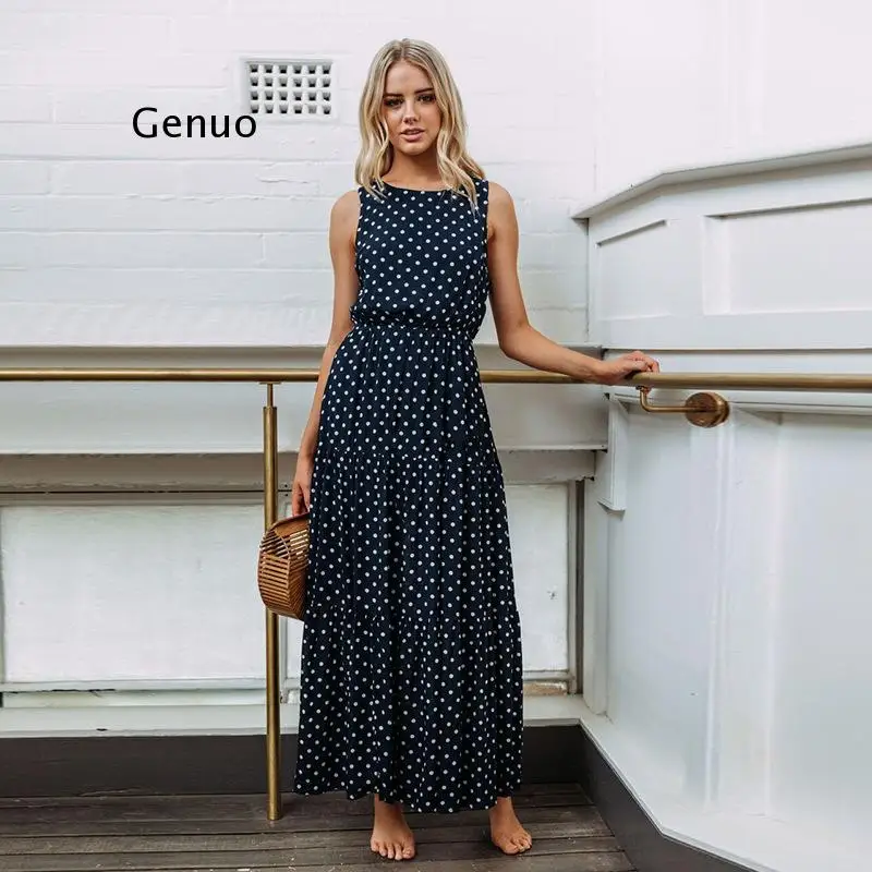 Women Summer Boho Casual Sleeveless Dress Homewear Polka-Dot Party Beach Long Maxi Navy Dress Sundress