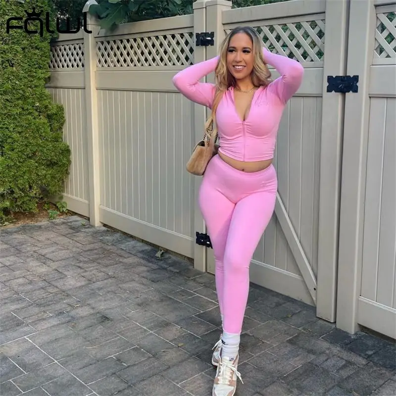 Habbris Fall Winter Hooded Zipper Black Skinny Pants Suits Sexy Pink 2 Two Piece Sets Womens Club Outfits Long Sleeve Crop Top