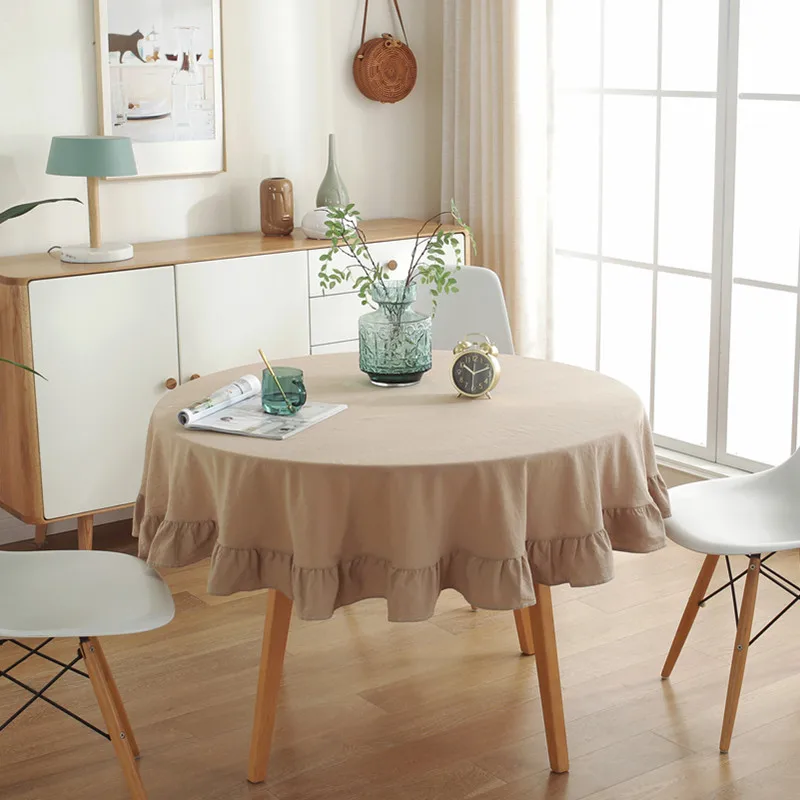 

white/khaki/blue/linen simple Nordic round pleated scolloped tablecloth washed cotton lotus lace table cover