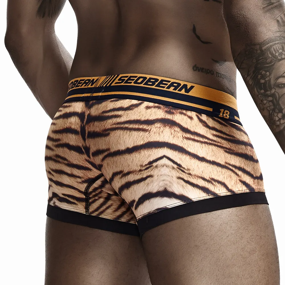 SEOBEAN Brand Underwear Tiger Stripe Men's Boxers Silky Fabric Male Panties Sexy Low Waist Boxer Shorts Calzoncillos Cuecas