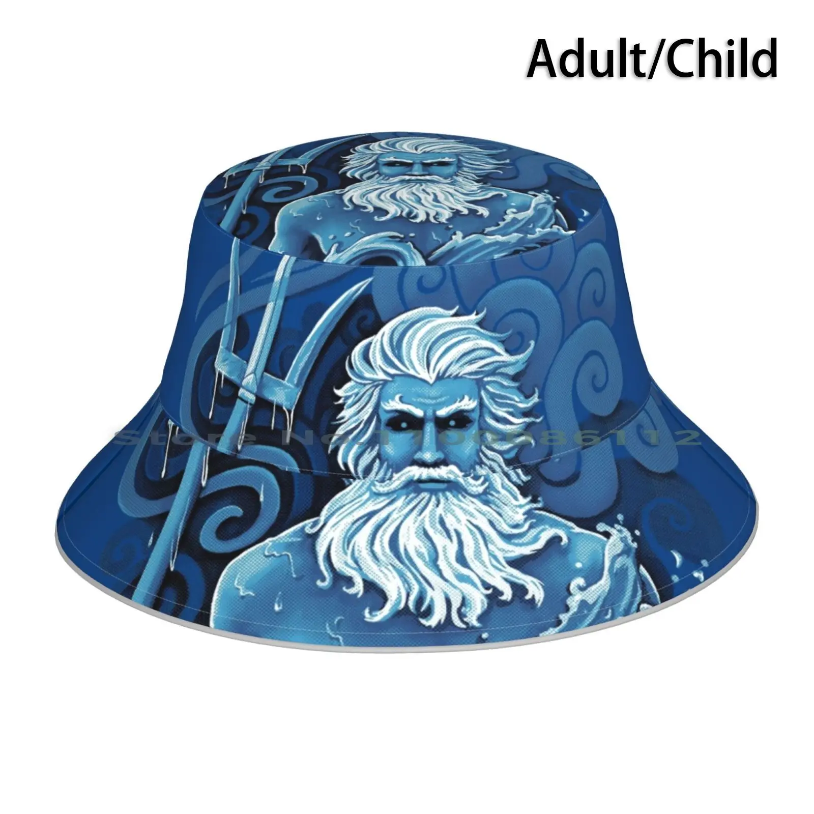 Poseidon Bucket Hat Sun Cap Poseidon Neptune Greek Mythology Sea God Wave Ocean Trident Dieu Mer Strong Blue Marine Navy