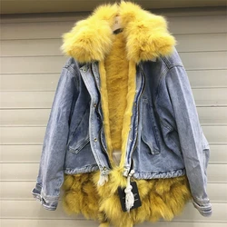 Real Fox fur collar thicker warm denim coat female winter hairy longer real rabbit fur liner detachable real fur coat F2209