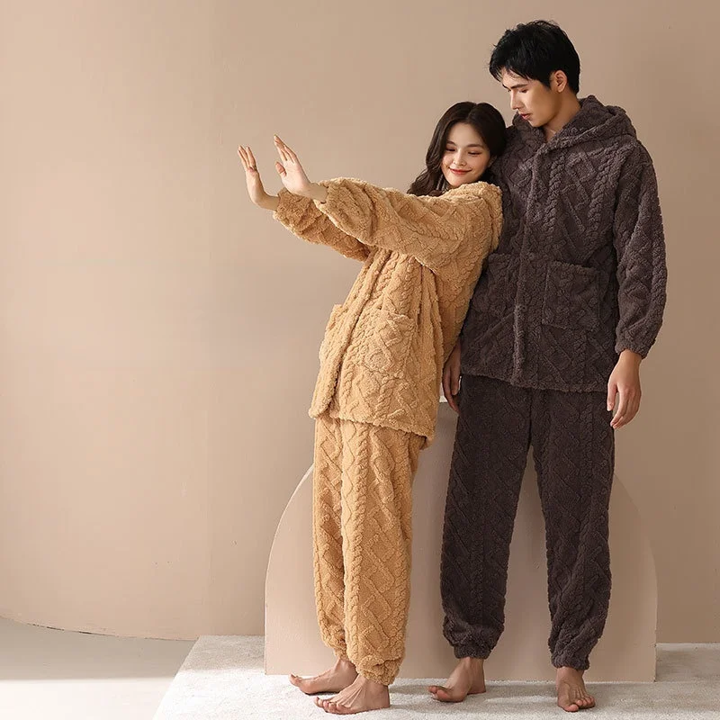 2021 Autumn and Winter Thickened Flannel Couple's Pajamas for Men and Women Mid-length Hooded Coral Fleece Homewear Pijama