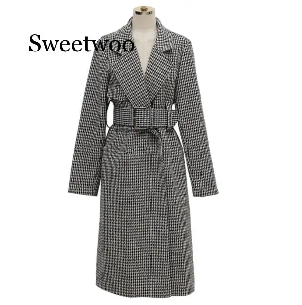 

Women big Size Clothes Woolen Coat 2020 New Winter Belt Overcoat Good Quality Grey Plaid Trench Outwear