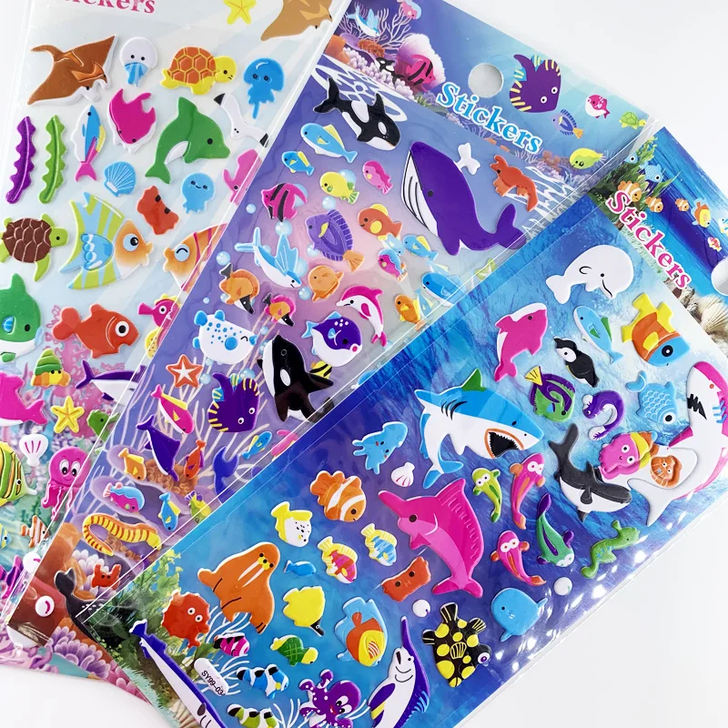 Random 3 Sheets/Set Marine Life Sea Fish Shark 3D Puffy Bubble Stickers Cartoon DIY Scrapbook Sticker For Kids Boy Girl Toy Gift