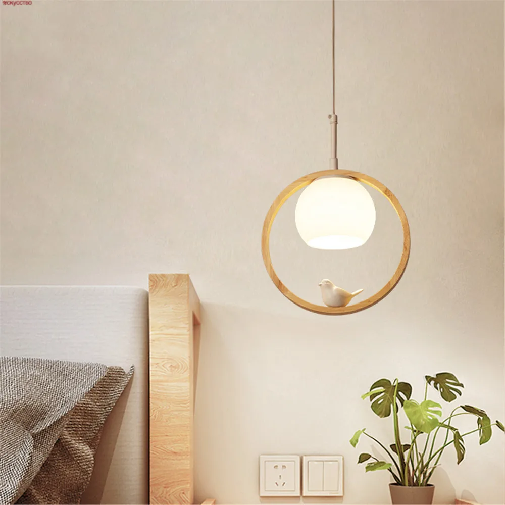 

Nordic Minimalism Wood Ring Bird Glass Led Pendant Lights For Restaurant Clothing Store Kitchen Loft Decor Hanging Lamp Fixtures