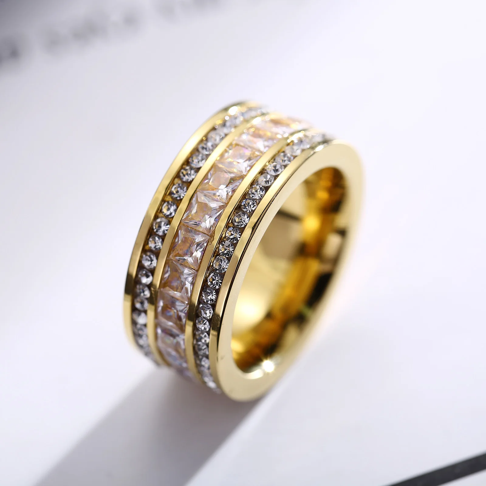 KALEN  Luxury Zircon Ring Gold Color Double Row Square CZ Stainless Steel Ring For Women Romantic Engageme Wedding Party Jewelry