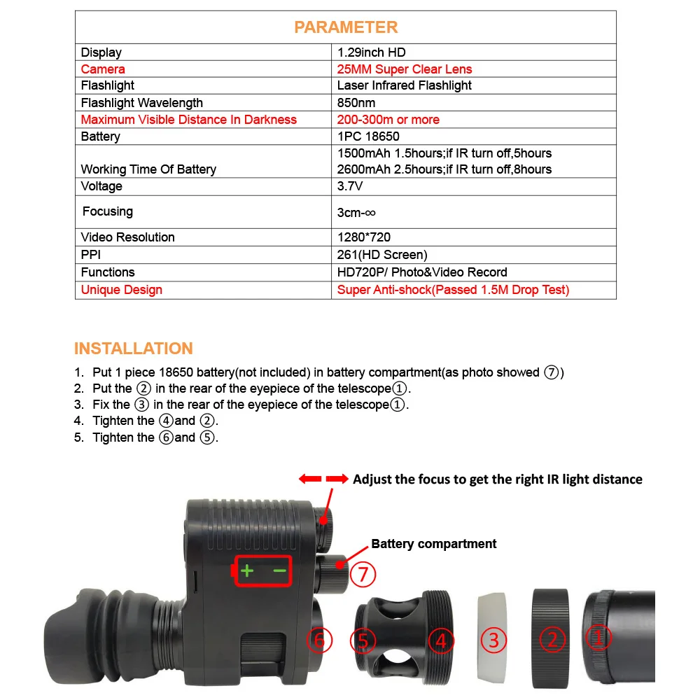 850NM IR Flashlight Integrated Night Vision Device HD 720P Video Recorder Hunting Camera for RifleScope Optical Sight Telescope