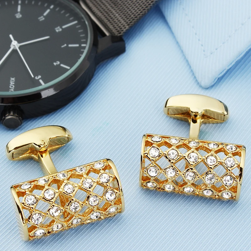 HAWSON Luxury Golden Cufflinks for Men Fashion French Shirt Cufflinks Accessories Cuff Button with Crystal Best Gifts with Box