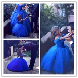 Princess Flower Girl Dresses For Wedding Blue Tulle Child Party Birthday Dress  Girl's Floor Length Pageant Cap Sleeve Kids Gown