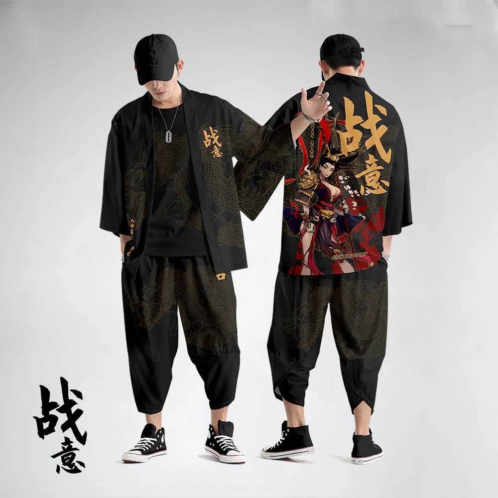 

Japanese Style Vintage Kimono Haori Pants Set Men Traditional Harajuku Streetwear Samurai Cardigan Costume Yukata