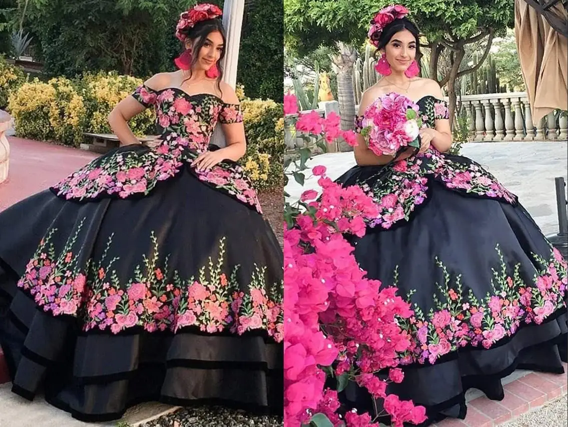 Sexy Black Spring 3D Floral Flowers Ball Gown Quinceanera Prom dresses 2021 Off Shoulder Cheap Evening Formal Gowns Sweet 16