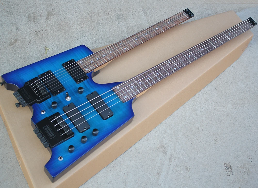 

Factory Outlet-Blue 6+4 Strings Headless Double Necks Electric Guitar,Flame Maple Veneer