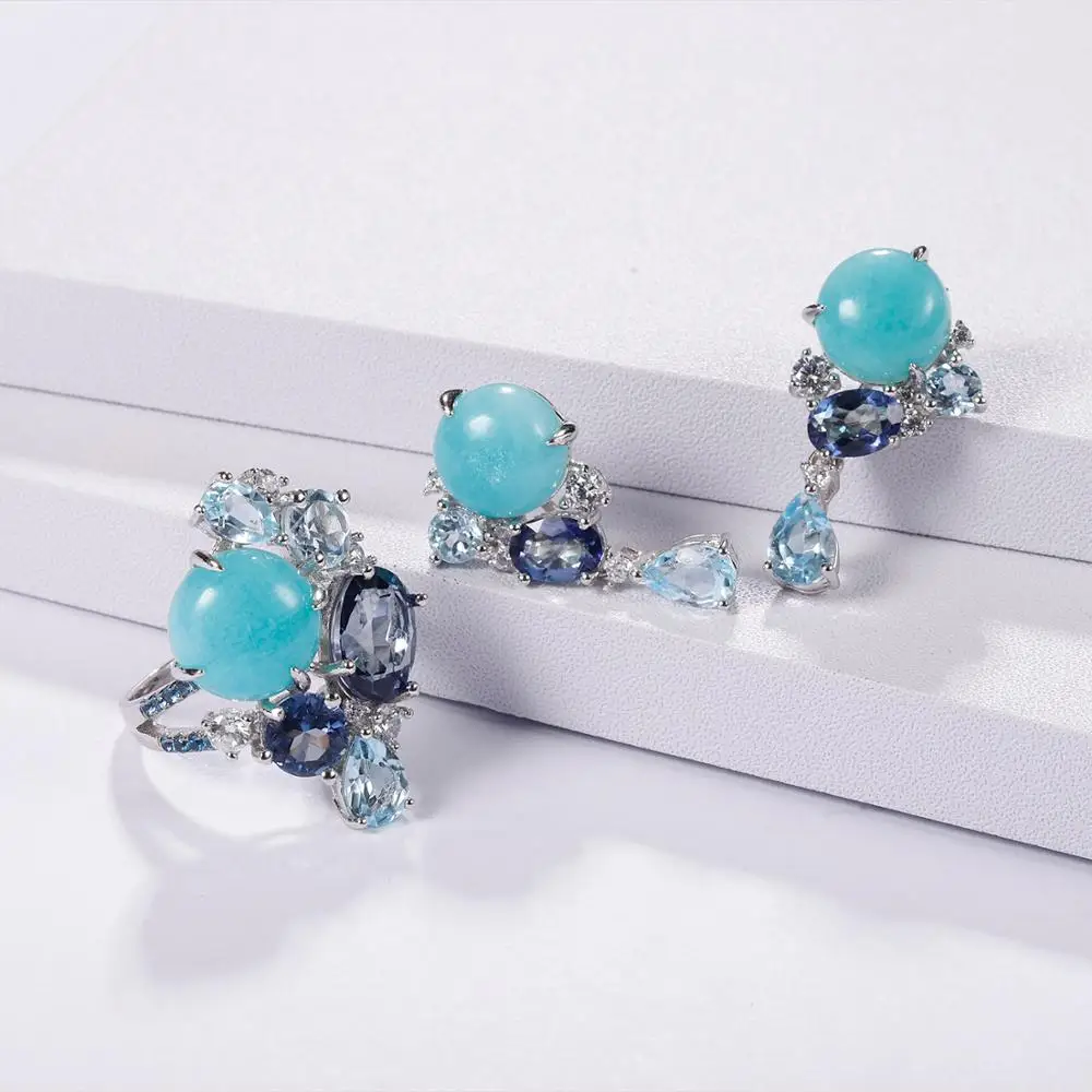 GEM\'S BALLET 925 Sterling Silver Handmade Statement Earrings Natural Amazonyte Blue Topaz Gemstone Drop Earrings For Women